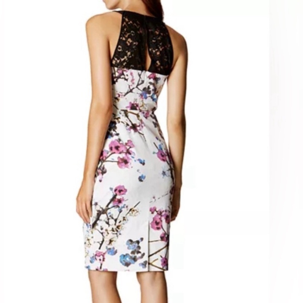 💜Karen Millen mid length floral cocktail dress/ waist ruching/lace back. Lined.